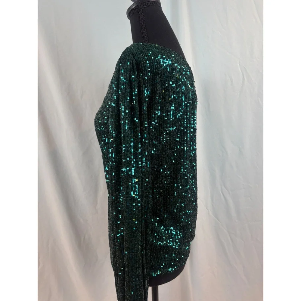 Emerald Green Sequin One Shoulder Long Sleeve Party Top Glam Night Out Blouse - Picture 3 of 7